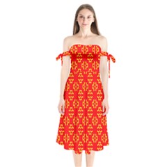 Red Background Yellow Shapes Shoulder Tie Bardot Midi Dress by Simbadda