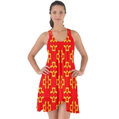 Red Background Yellow Shapes Show Some Back Chiffon Dress