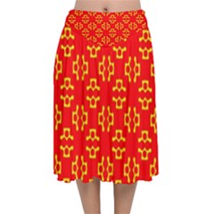 Red Background Yellow Shapes Velvet Flared Midi Skirt