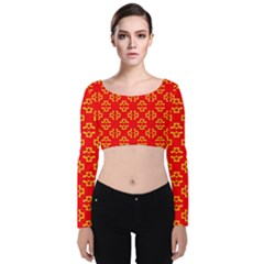 Red Background Yellow Shapes Velvet Long Sleeve Crop Top