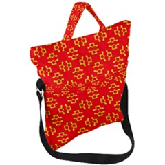 Red Background Yellow Shapes Fold Over Handle Tote Bag