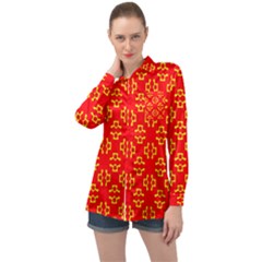 Red Background Yellow Shapes Long Sleeve Satin Shirt