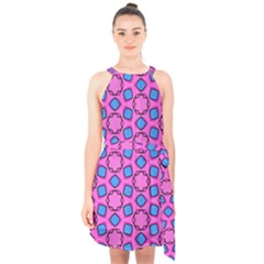 Pattern Pink Stars Texture Seamless Halter Collar Waist Tie Chiffon Dress by Simbadda