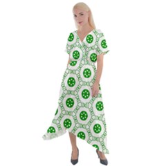 White Background Green Shapes Cross Front Sharkbite Hem Maxi Dress by Simbadda