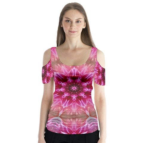 Flower Mandala Art Pink Abstract Butterfly Sleeve Cutout Tee  by Simbadda