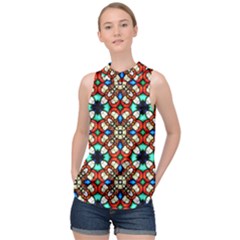 Stained Glass Pattern Texture Face High Neck Satin Top by Simbadda