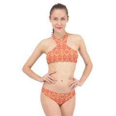  Pattern Abstract Orange High Neck Bikini Set