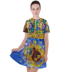 Sunflower Kaleidoscope Pattern Short Sleeve Shoulder Cut Out Dress  by Simbadda