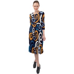 Colorful Curves Pattern Ruffle End Midi Chiffon Dress by Vaneshart