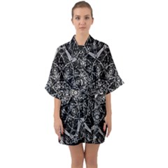 Black And White Pattern Monochrome Lighting Circle Neon Psychedelic Illustration Design Symmetry Half Sleeve Satin Kimono  by Vaneshart