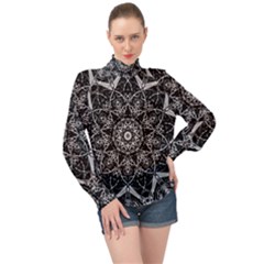 Black And White Pattern Monochrome Lighting Circle Neon Psychedelic Illustration Design Symmetry High Neck Long Sleeve Chiffon Top