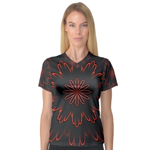 Abstract Glowing Flower Petal Pattern Red Circle Art Illustration Design Symmetry Digital Fantasy V-neck Sport Mesh Tee by Vaneshart