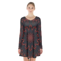 Abstract Glowing Flower Petal Pattern Red Circle Art Illustration Design Symmetry Digital Fantasy Long Sleeve Velvet V-neck Dress