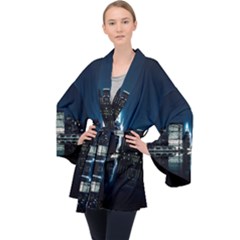 Night City Landscape Long Sleeve Velvet Kimono  by Vaneshart