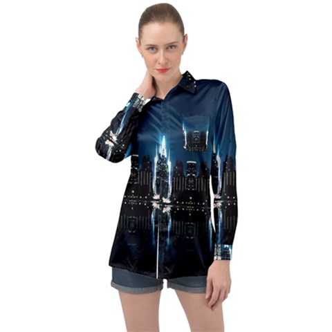 Night City Landscape Long Sleeve Satin Shirt by Vaneshart