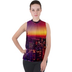 Buiding City Mock Neck Chiffon Sleeveless Top