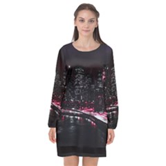 New York City Night Long Sleeve Chiffon Shift Dress  by Vaneshart