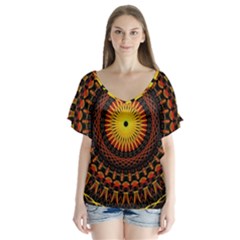 Spiral Pattern Circle Neon Psychedelic Illustration Design Symmetry Shape Mandala V-neck Flutter Sleeve Top by Vaneshart