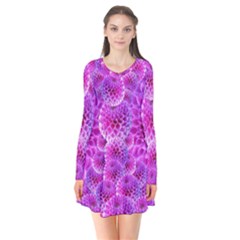 Nature Blossom Plant Flower Purple Petal Bloom Pattern Pollen Pink Flora Flowers Dahlia Design Beaut Long Sleeve V-neck Flare Dress by Vaneshart