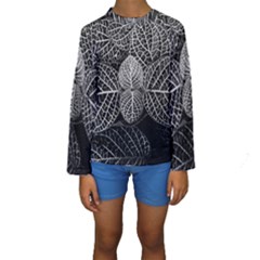 Black And White Plant Leaf Flower Pattern Line Black Monochrome Material Circle Spider Web Design Kids  Long Sleeve Swimwear