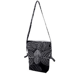 Black And White Plant Leaf Flower Pattern Line Black Monochrome Material Circle Spider Web Design Folding Shoulder Bag by Vaneshart