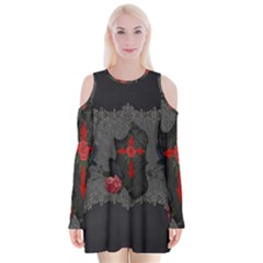 The Crows With Cross Velvet Long Sleeve Shoulder Cutout Dress by FantasyWorld7