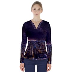 Light Sky Skyline Night Star Milky Way Cosmos Spiral City Skyscraper Urban Cityscape Dark San Franci V-neck Long Sleeve Top by Vaneshart