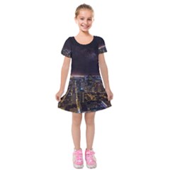 Light Sky Skyline Night Star Milky Way Cosmos Spiral City Skyscraper Urban Cityscape Dark San Franci Kids  Short Sleeve Velvet Dress by Vaneshart