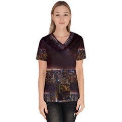 Light Sky Skyline Night Star Milky Way Cosmos Spiral City Skyscraper Urban Cityscape Dark San Franci Women s V-neck Scrub Top by Vaneshart