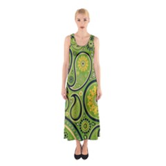 Texture Leaf Pattern Line Green Color Colorful Yellow Circle Ornament Font Art Illustration Design  Sleeveless Maxi Dress