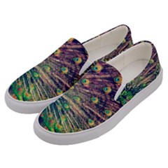 Bird Biology Fauna Material Chile Peacock Plumage Feathers Symmetry Vertebrate Peafowl Men s Canvas Slip Ons by Vaneshart