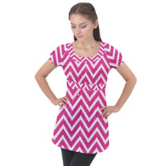 Chevrons Zigzag Pattern Design Pink White Puff Sleeve Tunic Top
