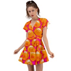 Pop Art Tennis Balls Flutter Sleeve Wrap Dress