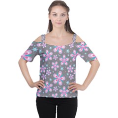 Seamless Pattern Flowers Pink Cutout Shoulder Tee