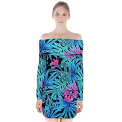 Leaves Picture Tropical Plant Long Sleeve Off Shoulder Dress by Wegoenart