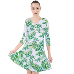 Leaves Green Pattern Nature Plant Quarter Sleeve Front Wrap Dress by Wegoenart