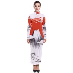 Mount Fuji Mountain Ink Wash Painting Turtleneck Maxi Dress