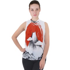 Mount Fuji Mountain Ink Wash Painting Mock Neck Chiffon Sleeveless Top