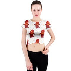 Ghost Halloween Drawing Flower Leaf Crew Neck Crop Top