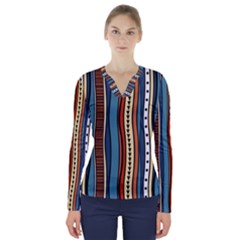 Stripes Hand Drawn Tribal Colorful Background Pattern V-neck Long Sleeve Top