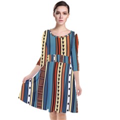 Stripes Hand Drawn Tribal Colorful Background Pattern Quarter Sleeve Waist Band Dress