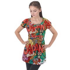 Earthquake And Tsunami Drawing Japan Illustration Puff Sleeve Tunic Top