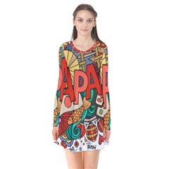 Earthquake And Tsunami Drawing Japan Illustration Long Sleeve V-neck Flare Dress