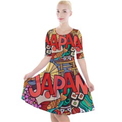 Earthquake And Tsunami Drawing Japan Illustration Quarter Sleeve A-Line Dress