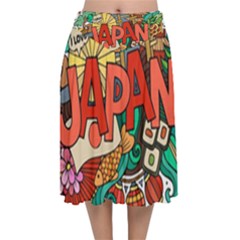 Earthquake And Tsunami Drawing Japan Illustration Velvet Flared Midi Skirt