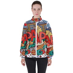 Earthquake And Tsunami Drawing Japan Illustration Women s High Neck Windbreaker