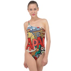 Earthquake And Tsunami Drawing Japan Illustration Classic One Shoulder Swimsuit