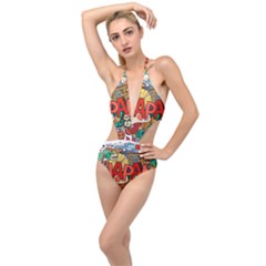 Earthquake And Tsunami Drawing Japan Illustration Plunging Cut Out Swimsuit