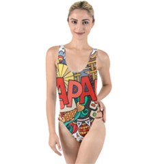 Earthquake And Tsunami Drawing Japan Illustration High Leg Strappy Swimsuit