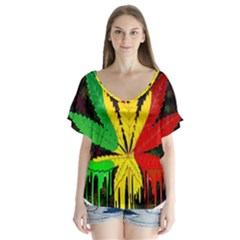 Cannabis Leaf Color V-neck Flutter Sleeve Top by Vaneshart